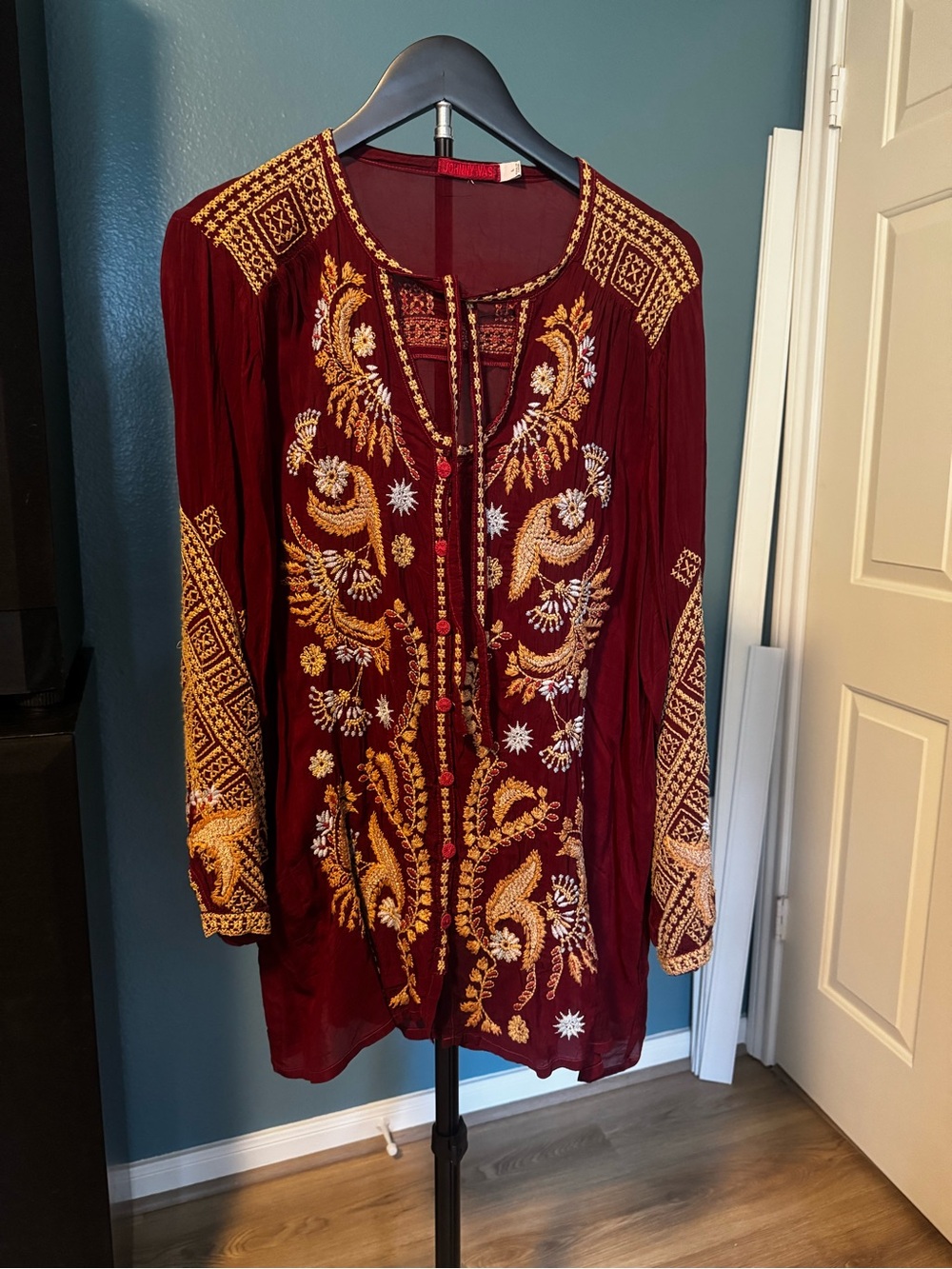 Johnny Was Burgundy Embroidered Boho Tunic with Gold Accents